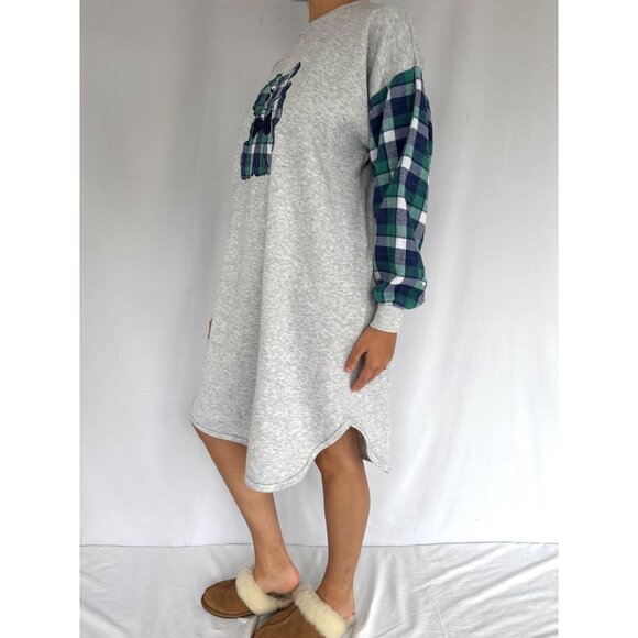 90s vintage plaid flannel cute kitten cat long sleeved pajama fleece sleep dress - Picture 5 of 10